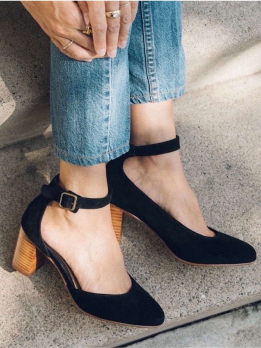 Soludos Suede Gemma Stacked Heel Black/Brown Ankle Strap French Girl SZ 6
